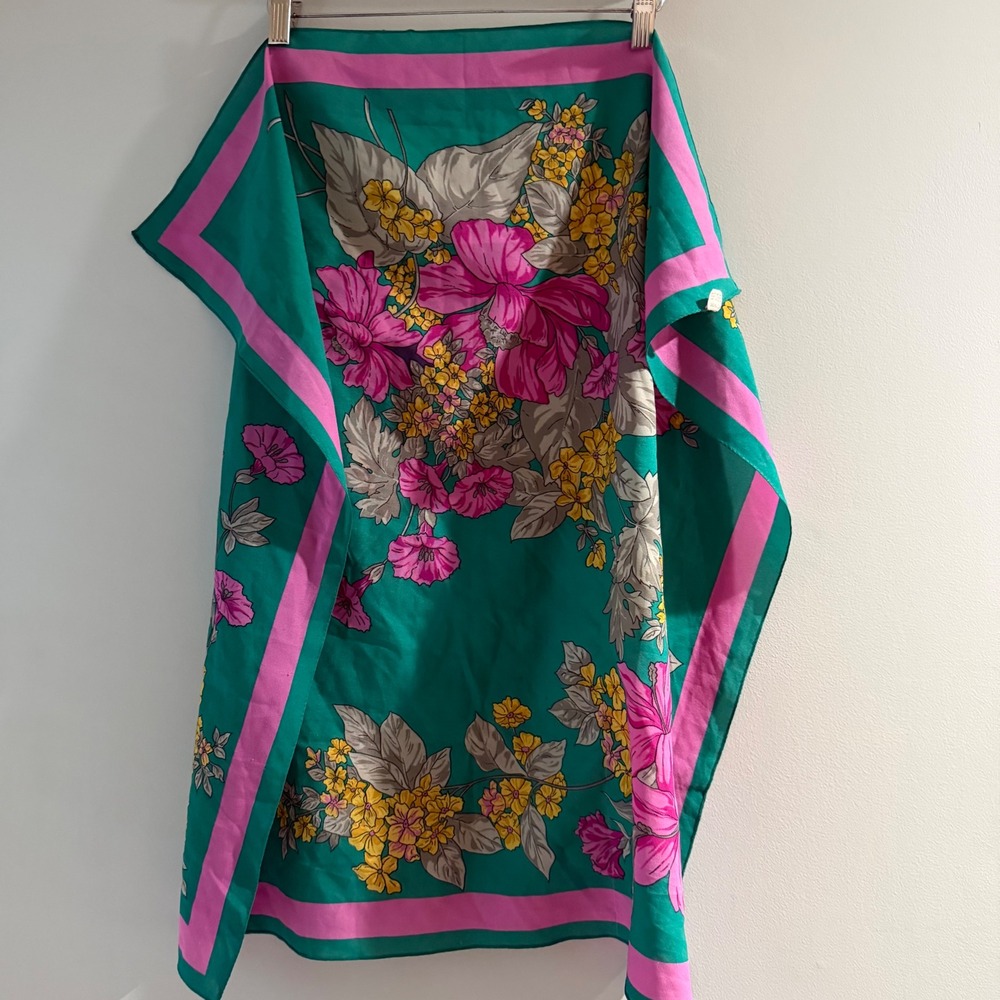 Unbranded Square Scarf Women OS Teal‎ Green Pink Floral Made in Italy Good Retro